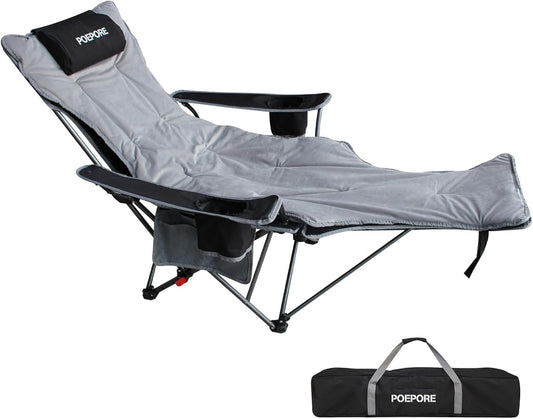 POEPORE Reclining Camping Chair with Removable Footrest Lounge Chair with Headrest, Cotton Cushion, Portable Adjustable Folding Chairs for Adults