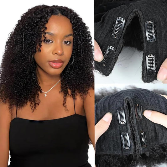 ISEE V Part Wig Human Hair Kinky Curly for Black Women Glueless V Part Wig With Elastic Drawstring Kinky Curly Human Hair Beginner Friendly (16 inch)