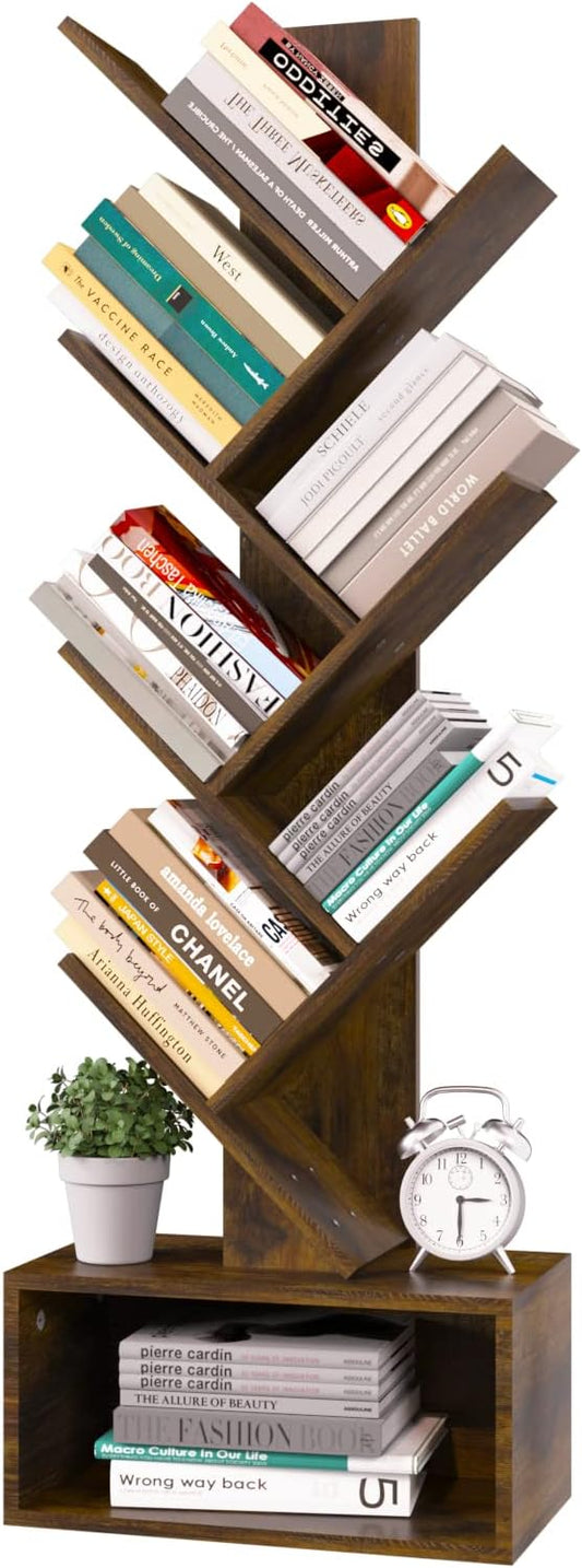 Yoobure Tree Bookshelf - 6 Shelf Retro Floor Standing Bookcase, Tall Wood Book Storage Rack for CDs\/Movies\/Books, Utility Book Organizer Shelves for Bedroom, Living Room, Home Office