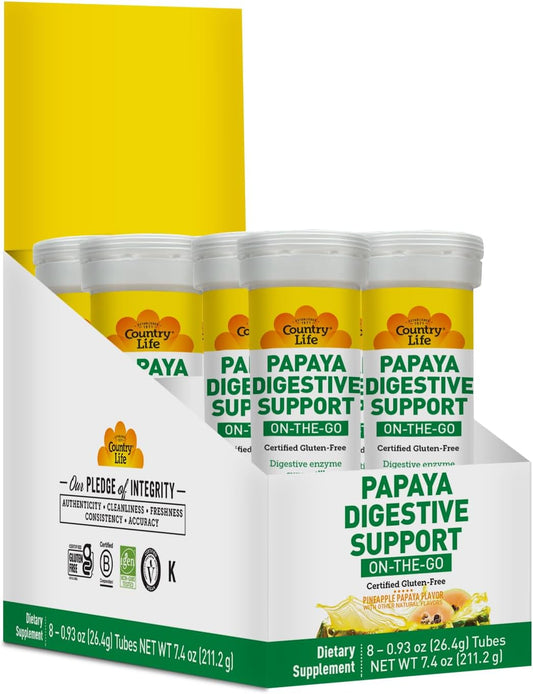 Country Life Chewable Papaya Digestive Enzyme \u2013 8 Pack | Pineapple Papaya Flavor | On-The-Go Digestive Support with Papain, Protease & Amylase | Certified Vegan, Gluten-Free, Non-GMO, Kosher