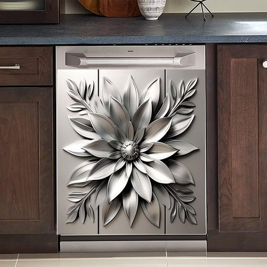 Stainless Steel Flower Magnetic Dishwasher Decorative Cover,Metal Art Style Home Appliance Covers Sticker,Personality Magnet Door Panel Decal Kitchen Decor 23"" x 26"" Magnetic, Rimyy08-1