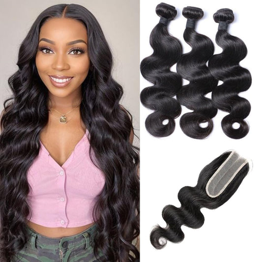 VILSAI Body Wave Human Hair Bundles with Closure (18 20 22+16) 2x6 HD Lace Closure with Bundles 10A Grade Unprocessed Brazilian Virgin Human Hair Natural Black Color