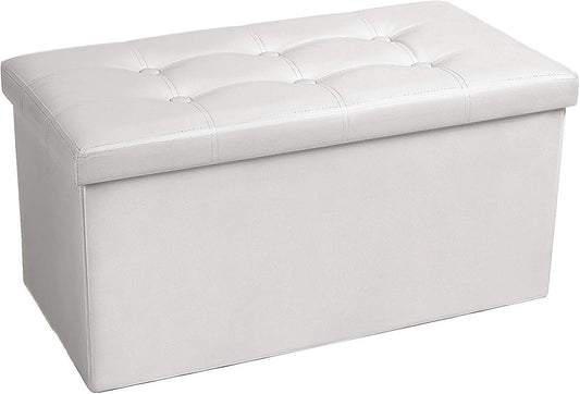 COSYLAND Ottoman Bench with Storage - 30x15x15in Folding Leather Ottoman, Rectangle Foot Stool Foldable Storage Chest Ottoman Footrest Footstool Collapsible with Lid for Bedroom Living Room White