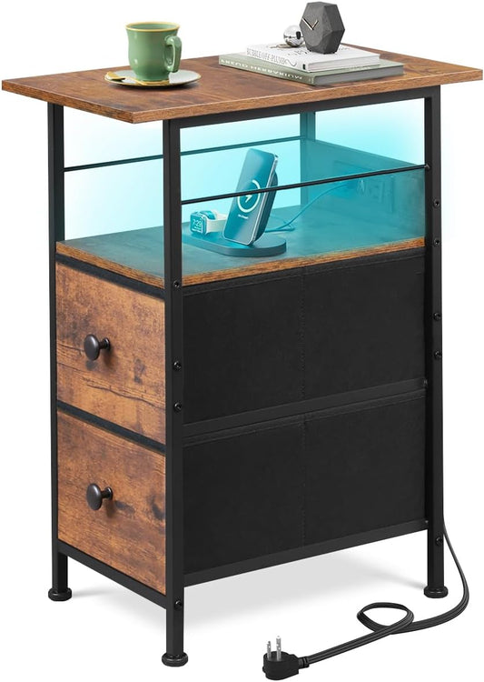WLIVE Narrow Side Table with Charging Station, End Table with LED Lights,2 Fabric Drawers and Open Shelf, Bed Side Tables Living Room, Small Spaces, Bedroom, Night Stand with USB Ports and Outlets