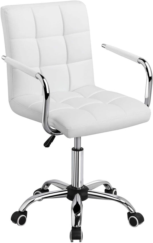 Yaheetech White Desk Chairs with Wheels\/Armrests Modern PU Leather Office Chair Midback Adjustable Home Computer Executive Chair 360° Swivel