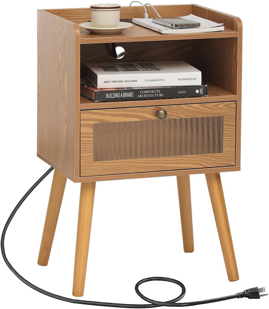 AWASEN Mid Century Nightstand with Charging Station, Modern Bedside Table with Glass Decorative Drawer, Small End Table Side Table with 2 Tiers Storage for Bedroom, Office and Small Space(Brown)