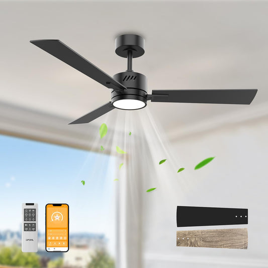 OPONL 42" Black Ceiling Fan with Light, Remote Control, Downrod Mount, Noiseless, Reversible, 6CCT, Dimmable, 6 Speeds, Timeable, Ceiling Fan with Remote Control for Bedroom, indoor\/outdoor