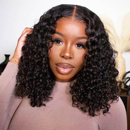 Abhayy 250 Density Short Water Wave Wig Bob Wig Human Hair Glueless HD Transparent Lace Frontal Human Hair Wigs 13x4 Water Wave Frontal 14 Inch Curly Bob Wig Human hair Wet and Wavy
