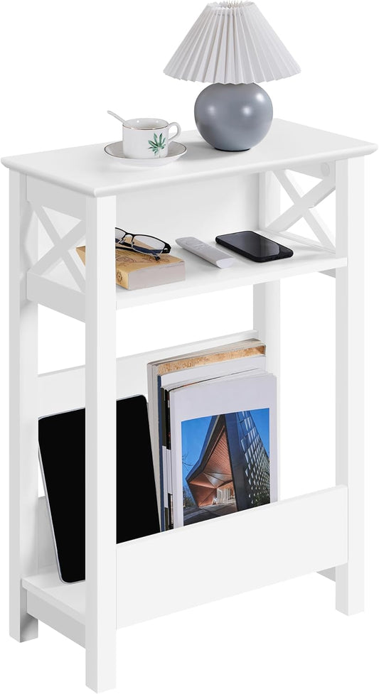 Yaheetech Small Side Table with Storage Shelf, 3-Tier Slim End Table with Magazine Rack, X Shaped Magazine Table for Living Room Home Office Balcony Small Spaces, Effortless Assembly, White