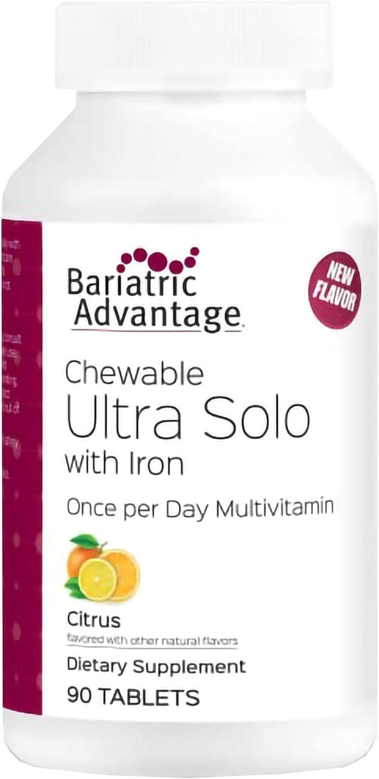 Bariatric Advantage Chewable Ultra Solo with Iron Daily Multivitamin for Gastric Bypass Surgery and Sleeve Gastrectomy Patients, Includes Vitamin B12, C, D, K, Thiamin and Copper - Citrus, 90 Count