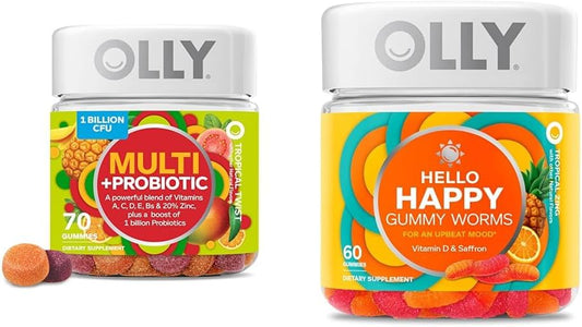 OLLY Multi + Probiotic Adult Multivitamin Gummy, 1 Billion CFUs, Digestive and Immune Support & Hello Happy Gummy Worms, Mood Balance Support, Vitamin D, Saffron, Adult Chewable Supplement