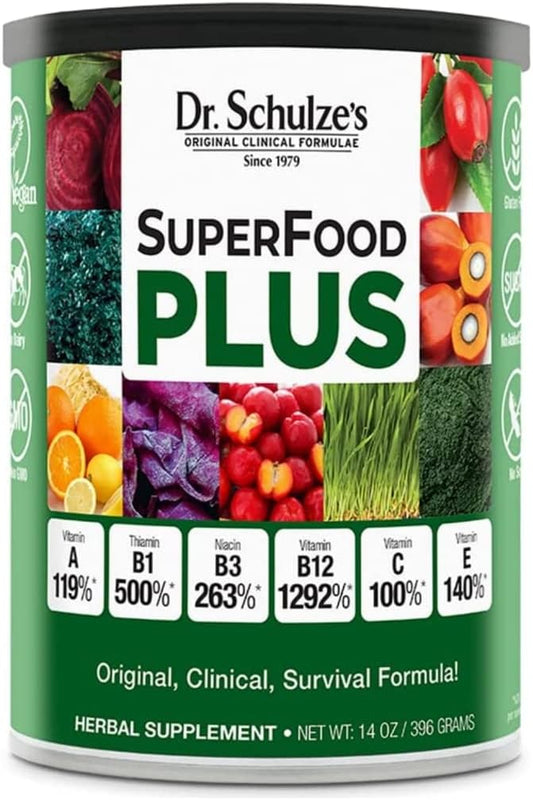 Dr. Schulze\u2019s SuperFood Plus | Vitamin and Mineral Herbal Concentrate | Daily Nutrition | Gluten-Free and Non-GMO | Vegan | 14 Ounce Powder | Packaging May Vary