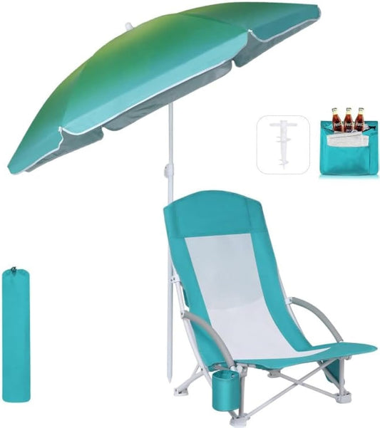CDEN Beach Chair, Beach Chairs for Adults, Shade Chair, with Umbrella and Cooler, High Back Beach Chair with Umbrella and Cooler Bag, Camping Chair, Outdoor Chair (1 of Blue)