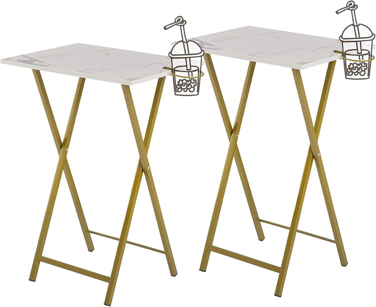 VECELO Folding TV Tray for Eating Set of 2, Portable Dinner\/Snack Table with Cup Holder for Couch, Living Room and Small Space, Gold