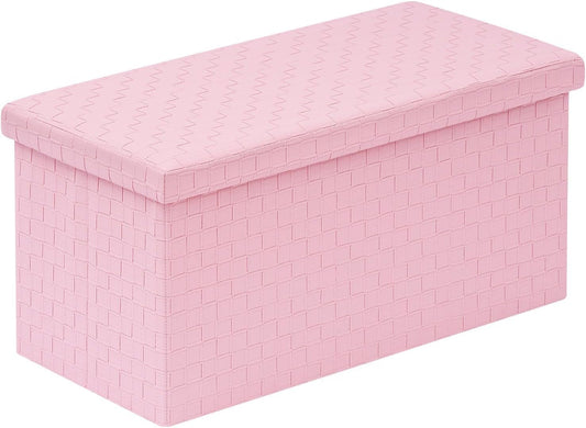 B FSOBEIIALEO Folding Storage Ottoman, Faux Leather Footrest Seat Long Bench Toy Box Chest for Girls, Pink 30"x15"x15"