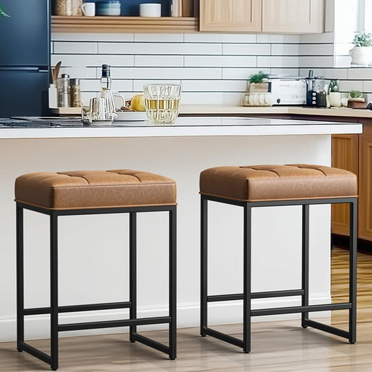 Yaheetech Bar Stools Set of 2, 24 Inch Counter Height Bar Stools Set, Backless Kitchen Island Stools, Faux Leather Stools for Kitchen Counter, Brown