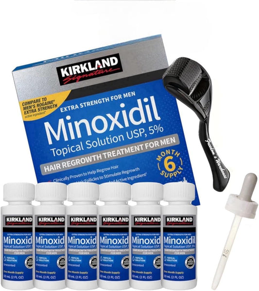 (6 Pack) Kirkland Minoxidil for Men Hair Regrowth Treatment, Liquid Extra Strength 5% Topical Solution, 6 Months Supply - Dropper Applicator and Microneedle Roller Included - Minoxidil Kirkland