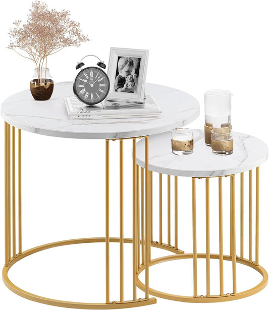 YORKING Nesting Coffee Table Set of 2, Round Table, Morden End Side Table Night Stand for Bedroom Dining Room (Marble White)