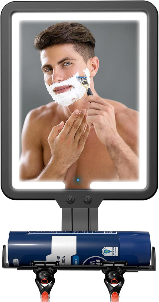 Lighted Shower Mirror Fogless for Shaving, Heated Fog Free Large 9.5*7inch 3 Color Modes Dimming Shower Shaving Mirror with Light, Rechargeable Anti-Fog Shower Mirror with Storage Tray & Razor Holders