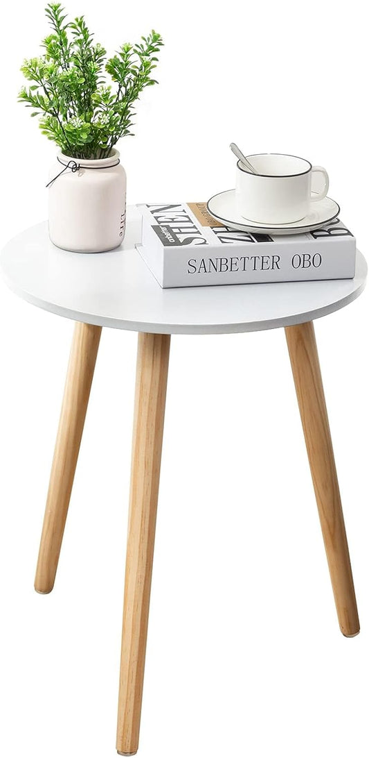 Apicizon Round Side Table, White Bedside Table Coffee End Table for Bedroom, Living Room, Small Spaces, Easy Assembly Nightstands Table with Natural Wood Legs, 16.5 x 20.5 Inches