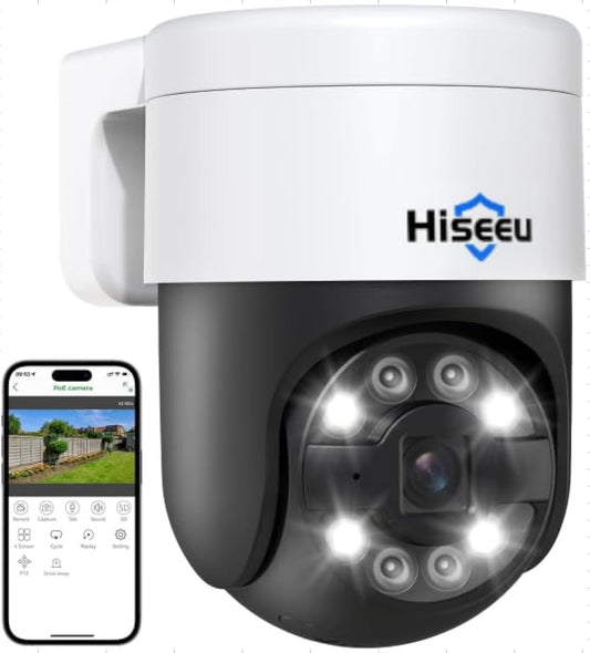 Hiseeu 【Auto Tracking +2-Way Audio】 5MP PoE Security Camera Outdoor,PTZ 300°Pan 90 Tilt Digital Zoom,CCTV Home Security Cameras,Spotlight Alarm,Human Detection,No Monthly Fee