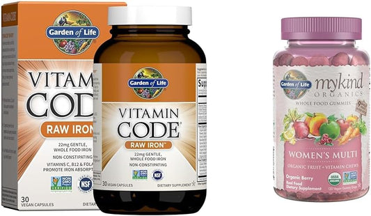 Garden of Life Vitamin Code Raw Iron 30ct Capsules & Organics Women's Gummy Vitamins - Berry - Certified Organic, Non-GMO, Vegan