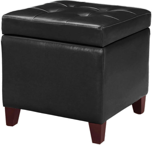 Adeco Bonded Leather Square Tufted Cubic Cube Footstool, 18" Height Storage Ottomans, With Lid, Black