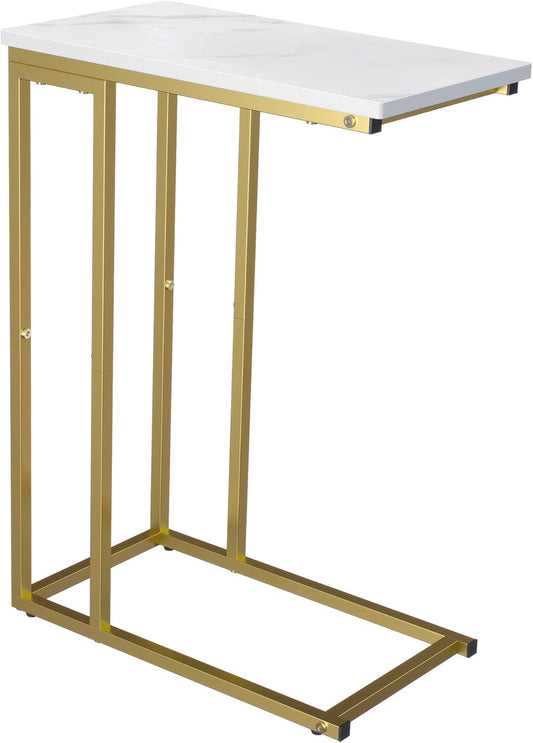 Yusong C Shaped End Table, Couch Side Table That Slide Under Sofa Bed, Small Table for Small Spaces, Skinny Overbed Table, Coffee Drink Snack Table for Living Room, Gold and White Marbled Wooden Top