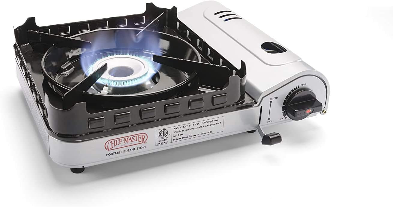 Chef Master 15,000 BTU Output Portable Butane Camping Stove, Peizo Click Ignition, Double Wind-Guard Portable Stove Burner for Emergencies, Tailgating, Hiking, Backpacking & Camping Essentials - 90019