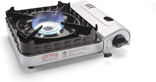 Chef Master 15,000 BTU Output Portable Butane Camping Stove, Peizo Click Ignition, Double Wind-Guard Portable Stove Burner for Emergencies, Tailgating, Hiking, Backpacking & Camping Essentials - 90019