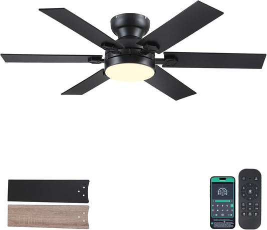 Goniyado 46" Low Profile Ceiling Fans with Lights and Remote,Black Outdoor Ceiling Fans with Quiet Reversible DC Motor, Modern Flush Mount Ceiling Fans for Living Room Patio Kitchen