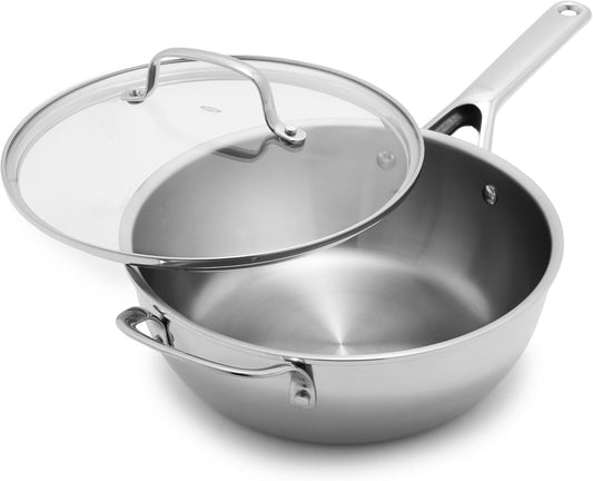 OXO Agility Tri-Ply Stainless Steel 3.57QT Chef’s Pan with Lid, Induction Suitable Cookware, Sauce Pan, Ultra-Durable, Quick Even Heating, Measurement Markings, Pouring Rim, Dishwasher and Oven Safe