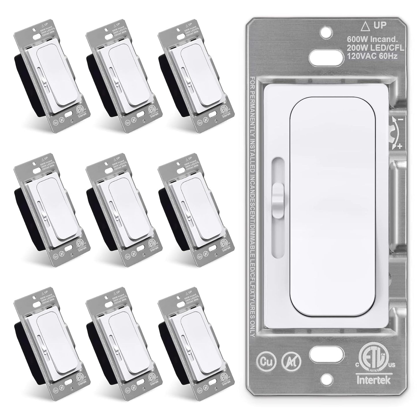 [10 Pack] BESTTEN Super Slim Digital Dimmer Switch with MCU Smart-chip Technology offering Widest Compatibility Range, Quiet Rocker, for Dimmable LED, CFL, Incandescent, Halogen, ETL Listed, White