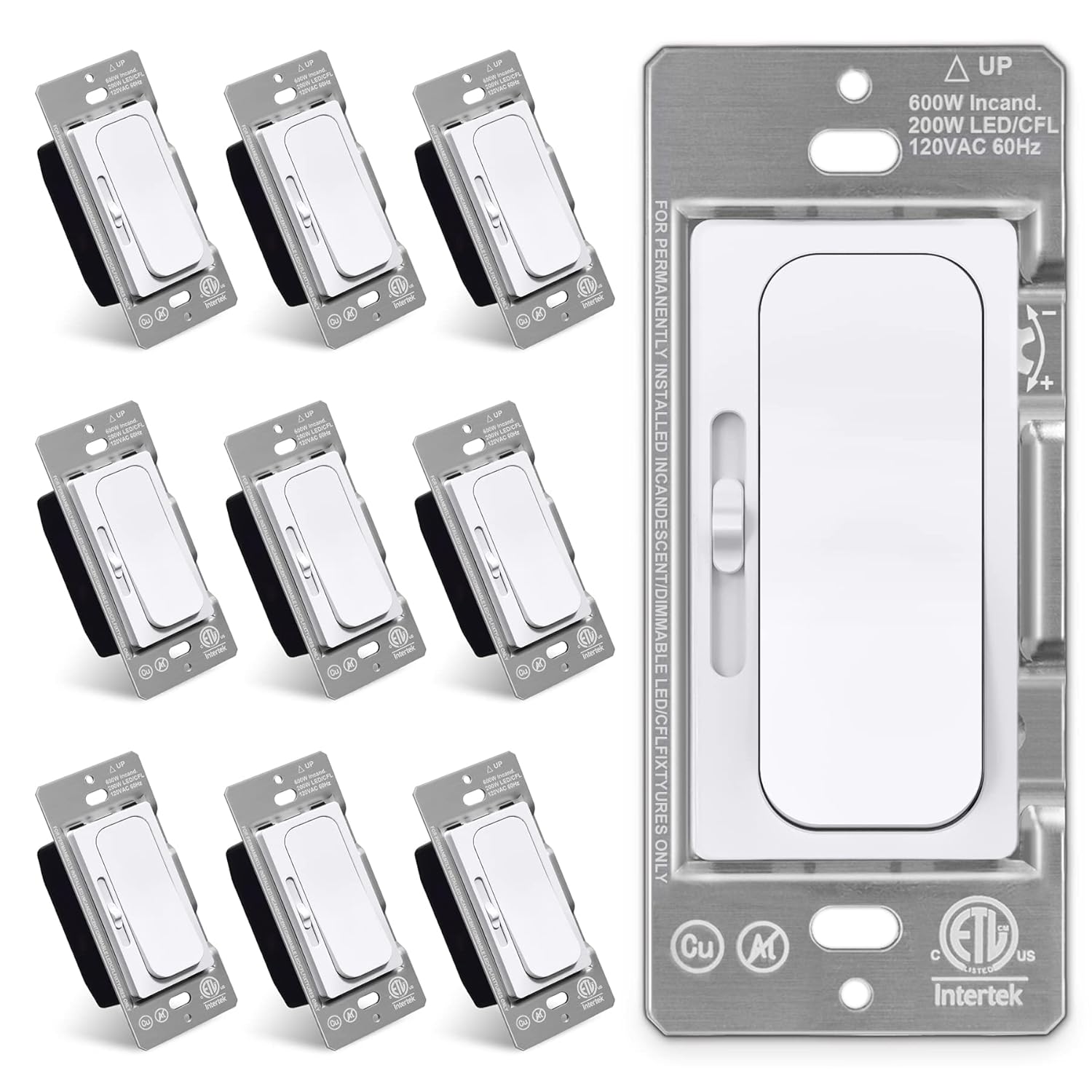 [10 Pack] BESTTEN Super Slim Digital Dimmer Switch with MCU Smart-chip Technology offering Widest Compatibility Range, Quiet Rocker, for Dimmable LED, CFL, Incandescent, Halogen, ETL Listed, White