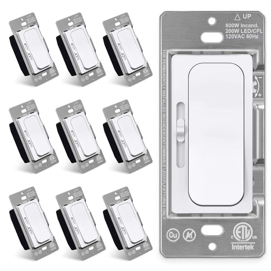 [10 Pack] BESTTEN Super Slim Digital Dimmer Switch with MCU Smart-chip Technology offering Widest Compatibility Range, Quiet Rocker, for Dimmable LED, CFL, Incandescent, Halogen, ETL Listed, White