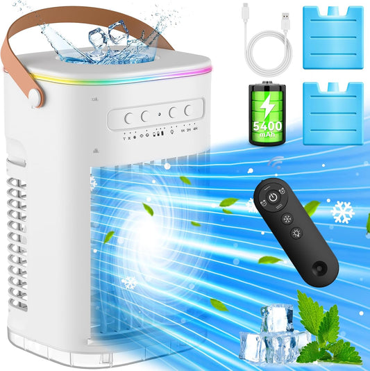 BALKO Small Air Conditioner, 5400mAh Built-in Battery Evaporative Air Cooler, 2 Ice Packs, 7H Timer Smart Auto-Off &Remote, 7 Lights, 1200ML Water Tank, 2-Level Mists, 3-Speed Personal Air Conditioner