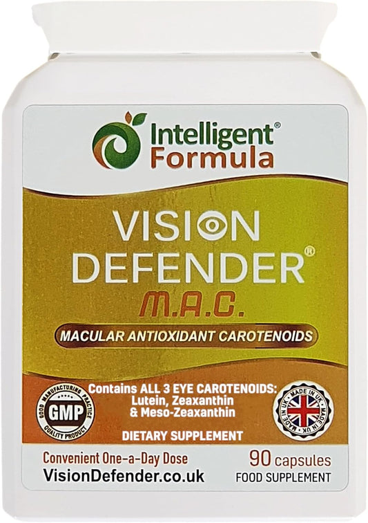 Vision Defender MAC Eye Supplement: Lutein, Zeaxanthin & Meso-Zeaxanthin Triple Antioxidant Carotenoids for Eye Health and Eyesight (90 Capsules/One Capsule Daily) Made in UK