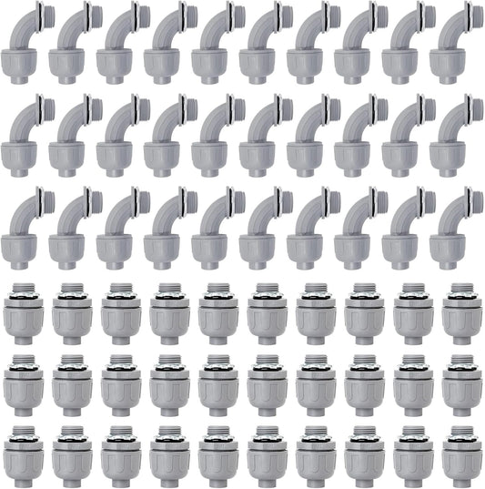 1/2 inch Liquid Tight Connector PVC Flexible Conduit Connector, UL Listed Conduit Fittings 60 Pack (30 pcs 180D/30 pcs 90D)