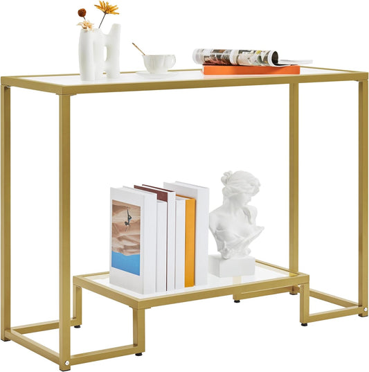 Yaheetech 42 Inch Console Table, Tempered Glass Entryway Table, Narrow Sofa Table, 2-Tier Hallway Table, Entrance Table for Living Room Bedroom, Gold
