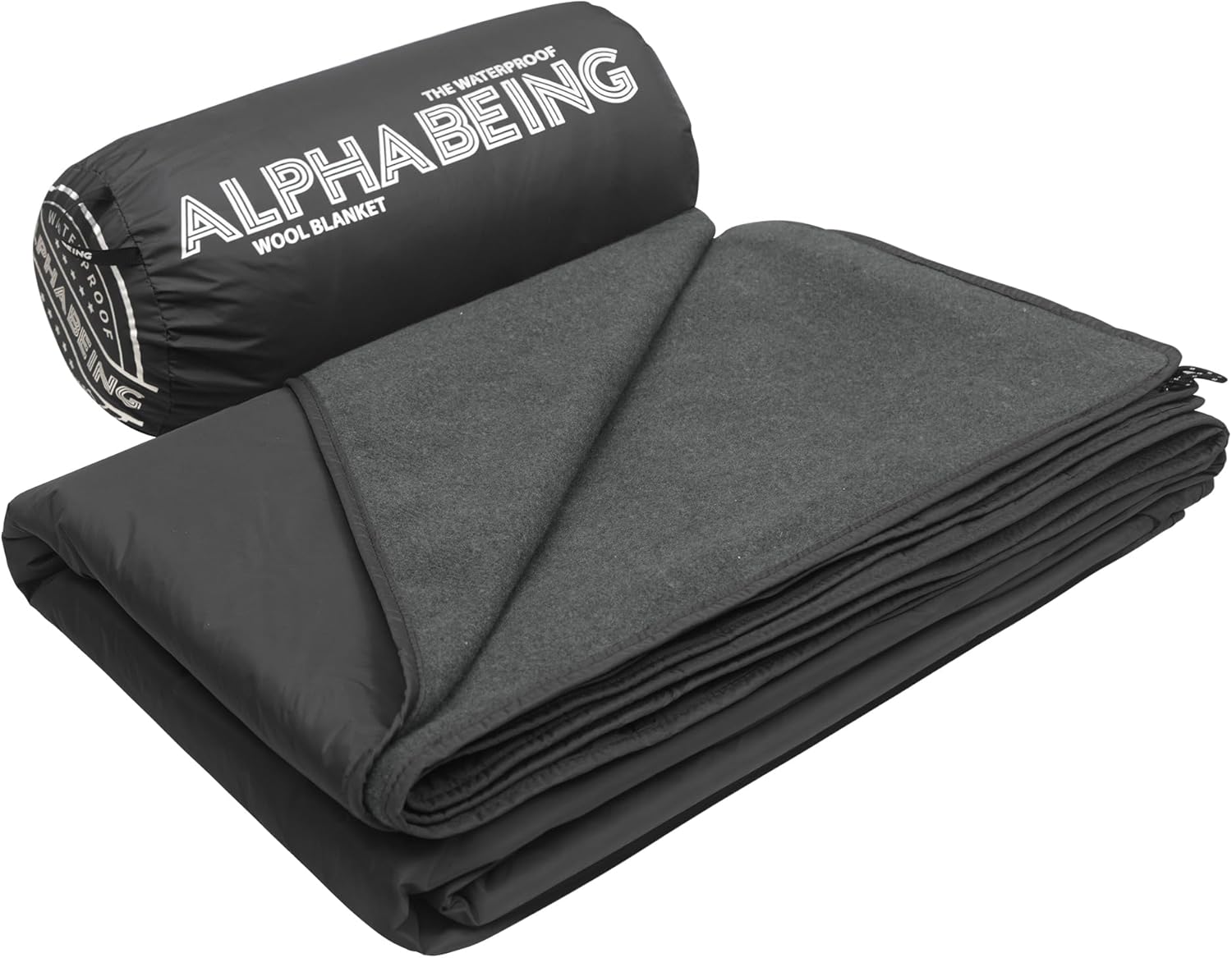AlphaBeing Waterproof Outdoor Blanket with Merino Wool, Extra Thick Warm, Windproof, Packable Stadium Blankets for Cold Weather, Camping Gift, Pet, Car, Picnic, Concerts, 79" x 59", Black\/Gray