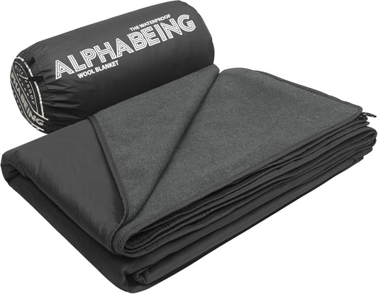 AlphaBeing Waterproof Outdoor Blanket with Merino Wool, Extra Thick Warm, Windproof, Packable Stadium Blankets for Cold Weather, Camping Gift, Pet, Car, Picnic, Concerts, 79" x 59", Black\/Gray