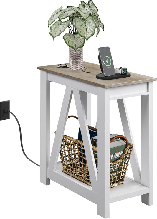 WLIVE Farmhouse End Table, Narrow Side Table with Charging Station, Slim End Table, Side Table for Bedroom, Living Room, Small Spaces, with 2 USB and 2 Power Outlets, 11.8" D x 23.6" W x 23.74" H