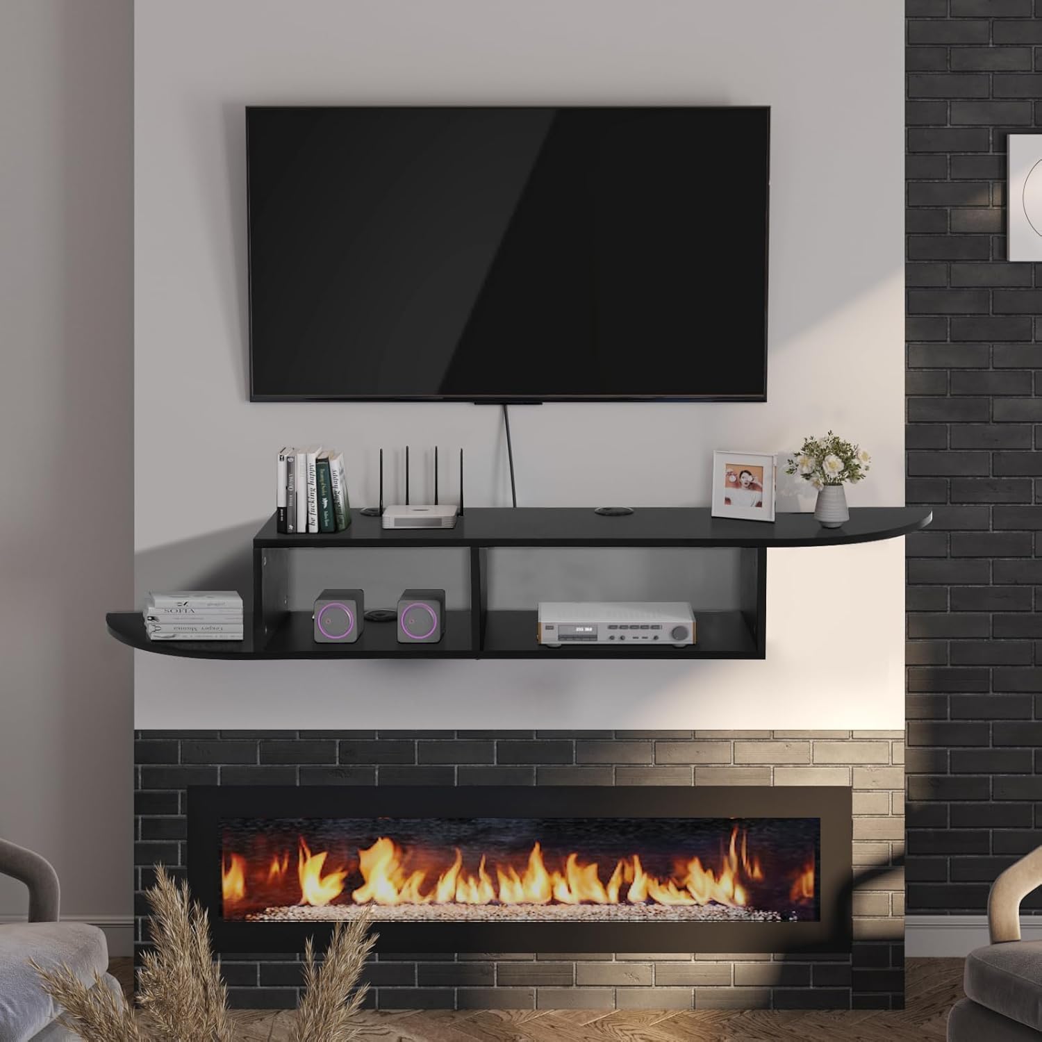 4 EVER WINNER Floating TV Stand with Storage, 55" Floating TV Shelf for Wall, Floating Entertainment Center Wall Shelf for Living Room, Bedroom, Black
