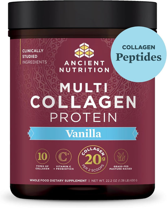 Ancient Nutrition Collagen Powder Protein with Probiotics, Multi Collagen Protein with Vitamin C, Hydrolyzed Collagen Peptides Supports Skin and Nails, Gut Health (60 Servings, Vanilla)