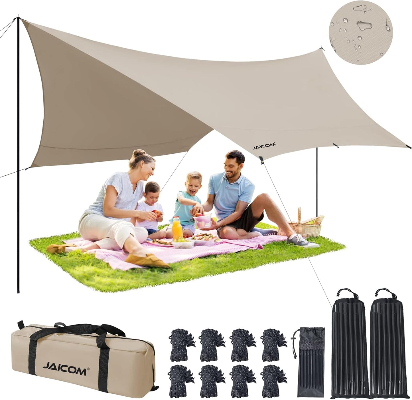 JAICOM Camping Tarp, 14 X 12FT Tarp with 2 Poles, Waterproof & Lightweight Tent Tarp Car Awning, UV UPF50+ Rain Fly Sun Shelter Can Used with Hammock in Outdoor, Garden and Backpacking