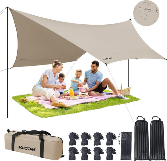 JAICOM Camping Tarp, 14 X 12FT Tarp with 2 Poles, Waterproof & Lightweight Tent Tarp Car Awning, UV UPF50+ Rain Fly Sun Shelter Can Used with Hammock in Outdoor, Garden and Backpacking