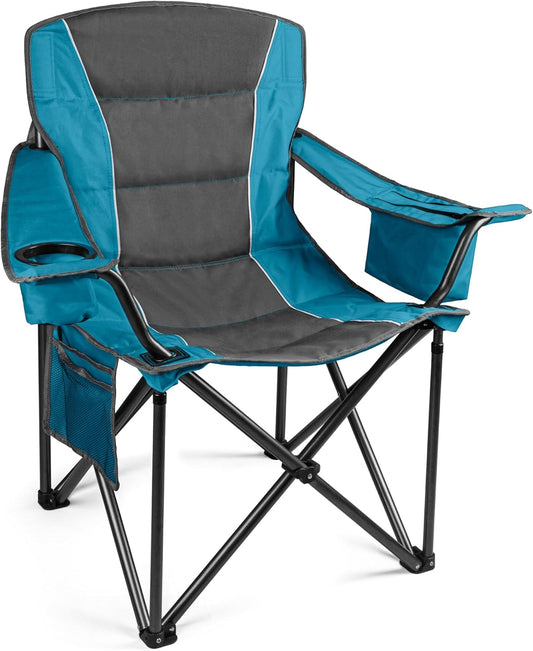 Colorsoul Heavy Duty Folding Camping Chair, Outdoor Oversized Camping Chair w\/Cup Holder & Cooler Bag, Portable Padded Lawn Chair for Beach Picnic Sports, U.S. Flag(Blue)