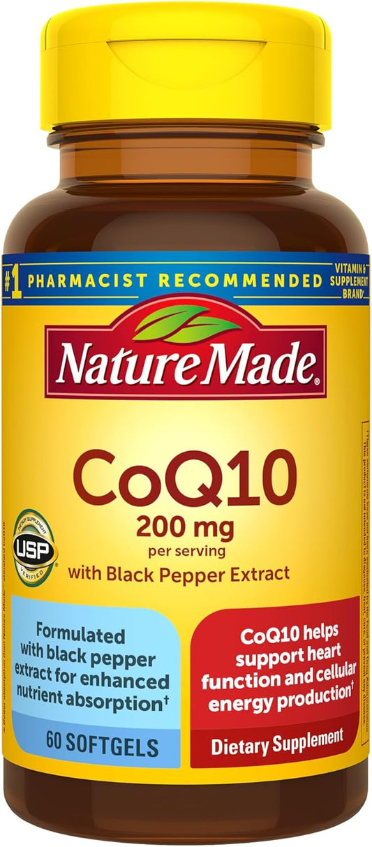 Nature Made CoQ10 200mg per Serving with Black Pepper Extract for Enhanced Nutrient Absorption, Heart Health Support, 60 Softgels, 30 Day Supply