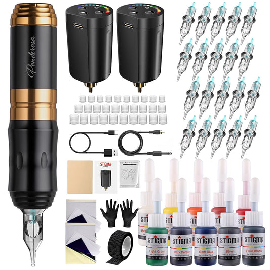 STIGMA Cordless Tattoo Gun Tattoo Kit Complete with Pro Tattoo Pen, 2 Tattoo Batteries, 20 Tattoo Cartridge Needles,Tattoo Ink Color Set, Full Tattoo Accessories STP35TI4002-9 (Multicolor)