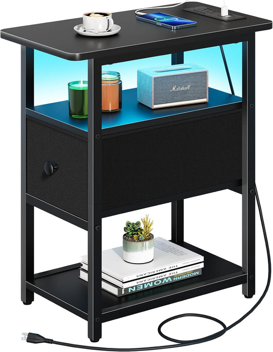 Yoobure End Table with Charging Station, Narrow Side Table with Adjustable Fabric Drawer, 3-Tier End Tables Living Room, Small Nightstand with Outlets, LED Skinny Night Stand for Bedroom Small Spaces